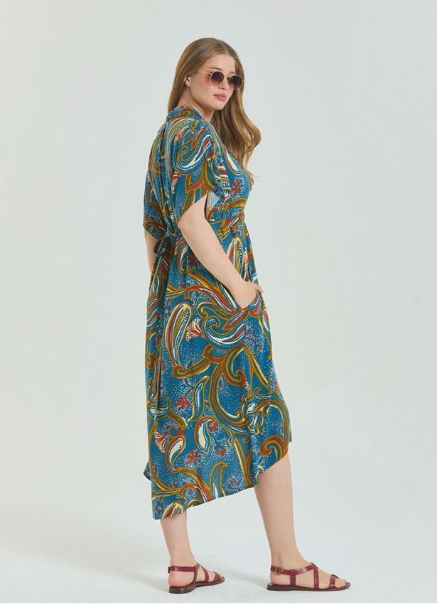 V Neck Gathered Detailed Petrol Floral Plus Size Dress 4604